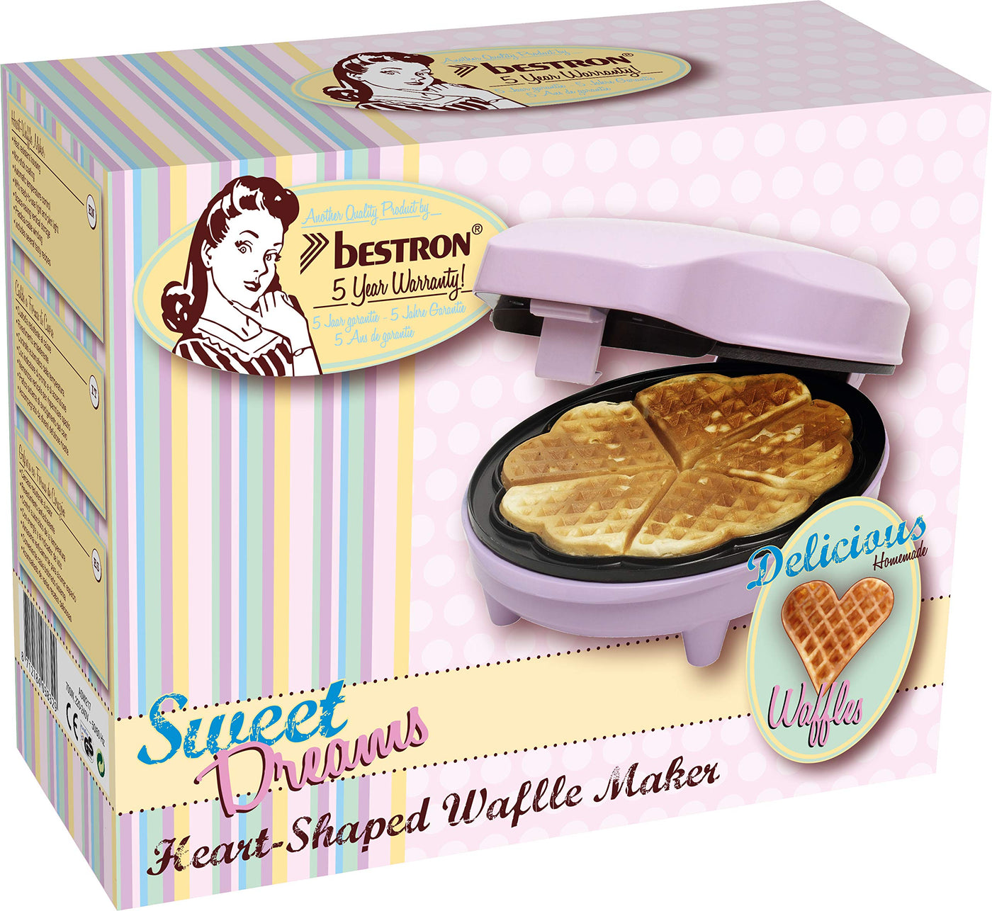 Bestron Waffeleisen für klassische Herzwaffeln, Waffelmaker mit Antihaftbeschichtung für Waffeln in Herzform, Retro Design, inklusive Rezeptvorschläge, 700 Watt, Farbe: Rosa