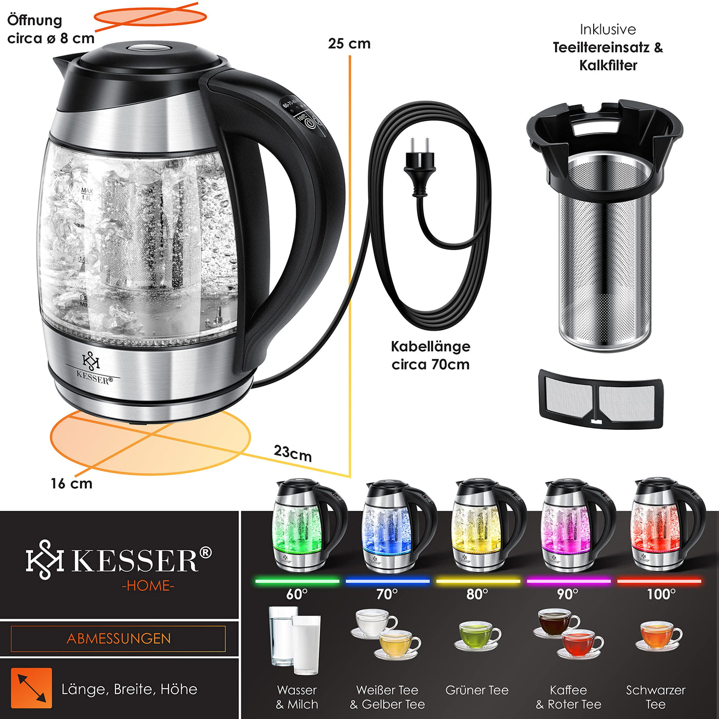 KESSER® Wasserkocher 1,8L Edelstahl mit LED Beleuchtung-Farbe je nach Temperaturwahl 60, 70, 80, 90, 100 °C | Glaswasserkocher ink. Teesieb-Einsatz und Kalk-Filter | Warmhaltefunktion
