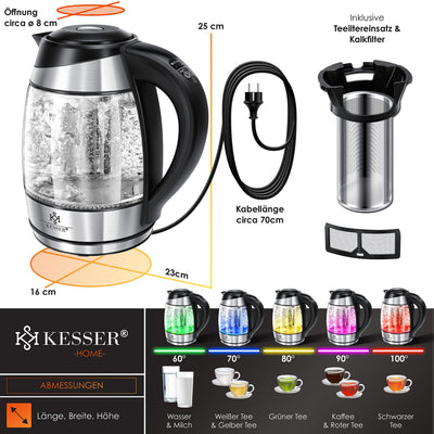 KESSER® Wasserkocher 1,8L Edelstahl mit LED Beleuchtung-Farbe je nach Temperaturwahl 60, 70, 80, 90, 100 °C | Glaswasserkocher ink. Teesieb-Einsatz und Kalk-Filter | Warmhaltefunktion