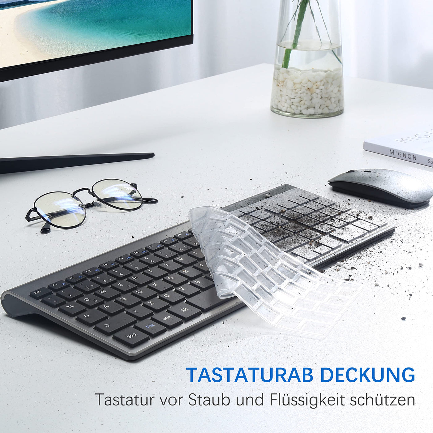 Tastatur Maus Set Ultra Slim, TopMate 2,4G Stille Compact USB 2400DPI Maus und Schissschalter Tastatur mit Abdeckung, mit 2 AA und 2 AAA Batterien für PC/Laptop/Windows/Mac - Grauschwarz