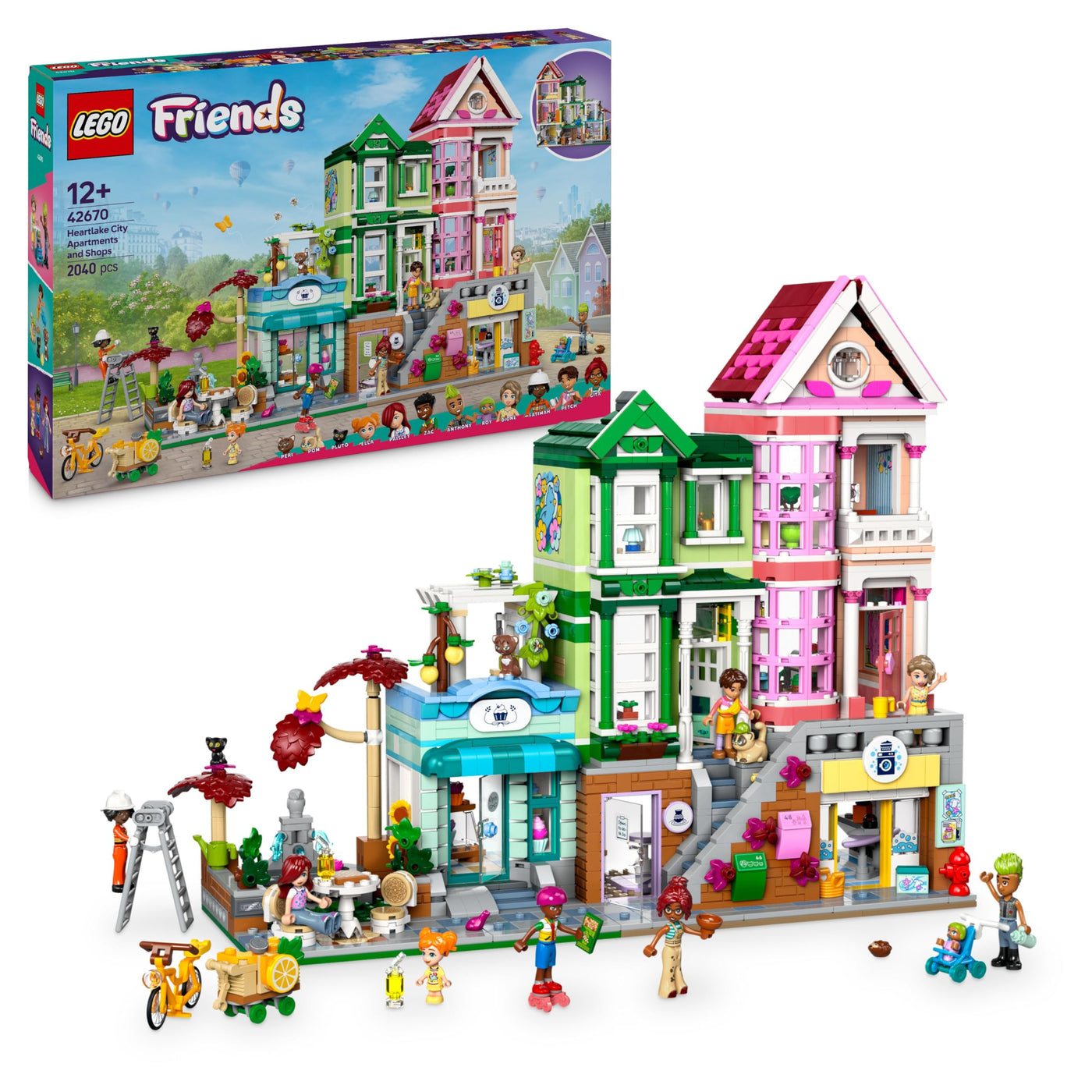 LEGO Friends Heartlake City Wohn- und Einkaufsstraße, Bauset für Rollenspiele mit 9 Charakteren (darunter 7 Minifiguren) und 3 Katzen, Geschenk für Mädchen und Jugendliche, Spielzeughaus 42670