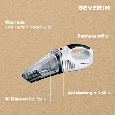 SEVERIN 3-in-1 Akku Handstaubsauger S'POWER home & car, kabelloser Nass- & Trockensauger mit 7,4V Li-Ionen Akku, Autostaubsauger inkl. 12V-Ladekabel, weiß/rot, HV 7144
