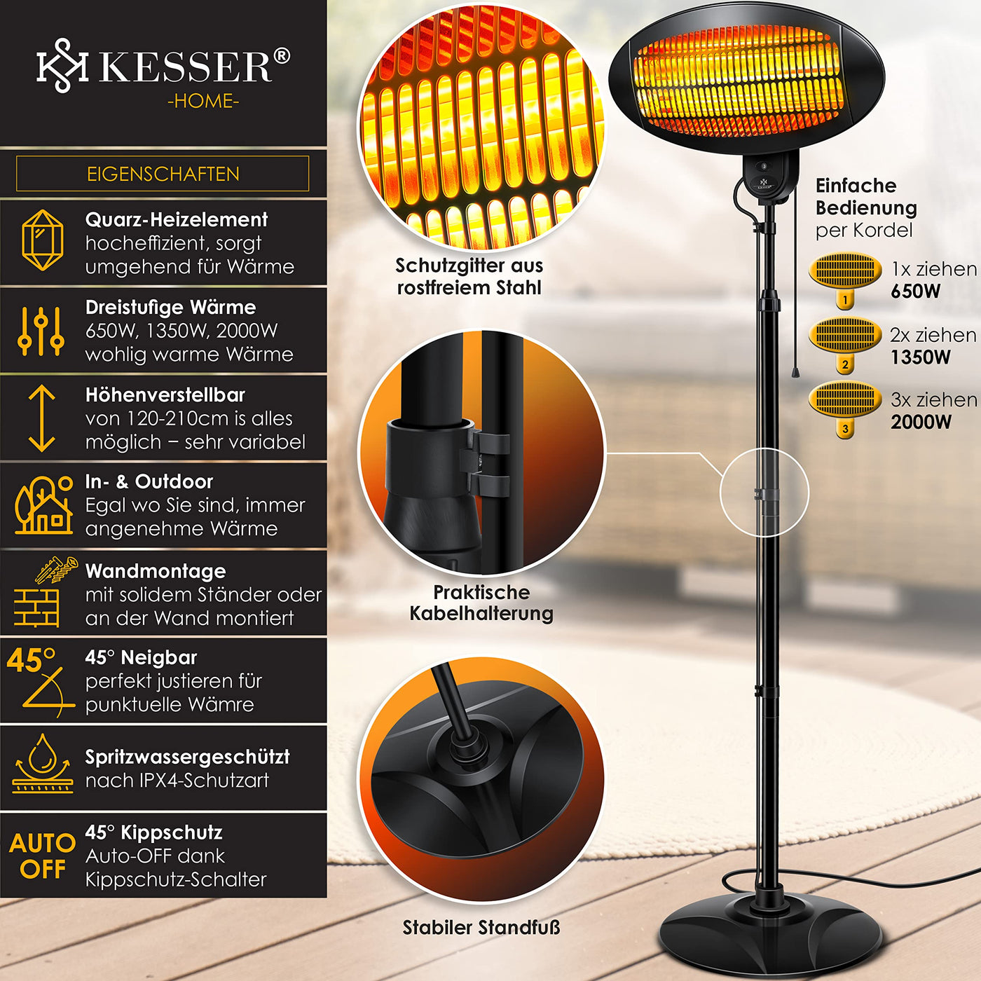 KESSER® Heizstrahler 2000 Watt ✓ Infrarot ✓ Standheizer ✓ Terrassenheizung ✓ Terassen ✓ Strahler ✓ Höhenverstellbar ✓ Quarzstrahler ✓ Innen - Außen ✓ Wickeltischheizstrahler