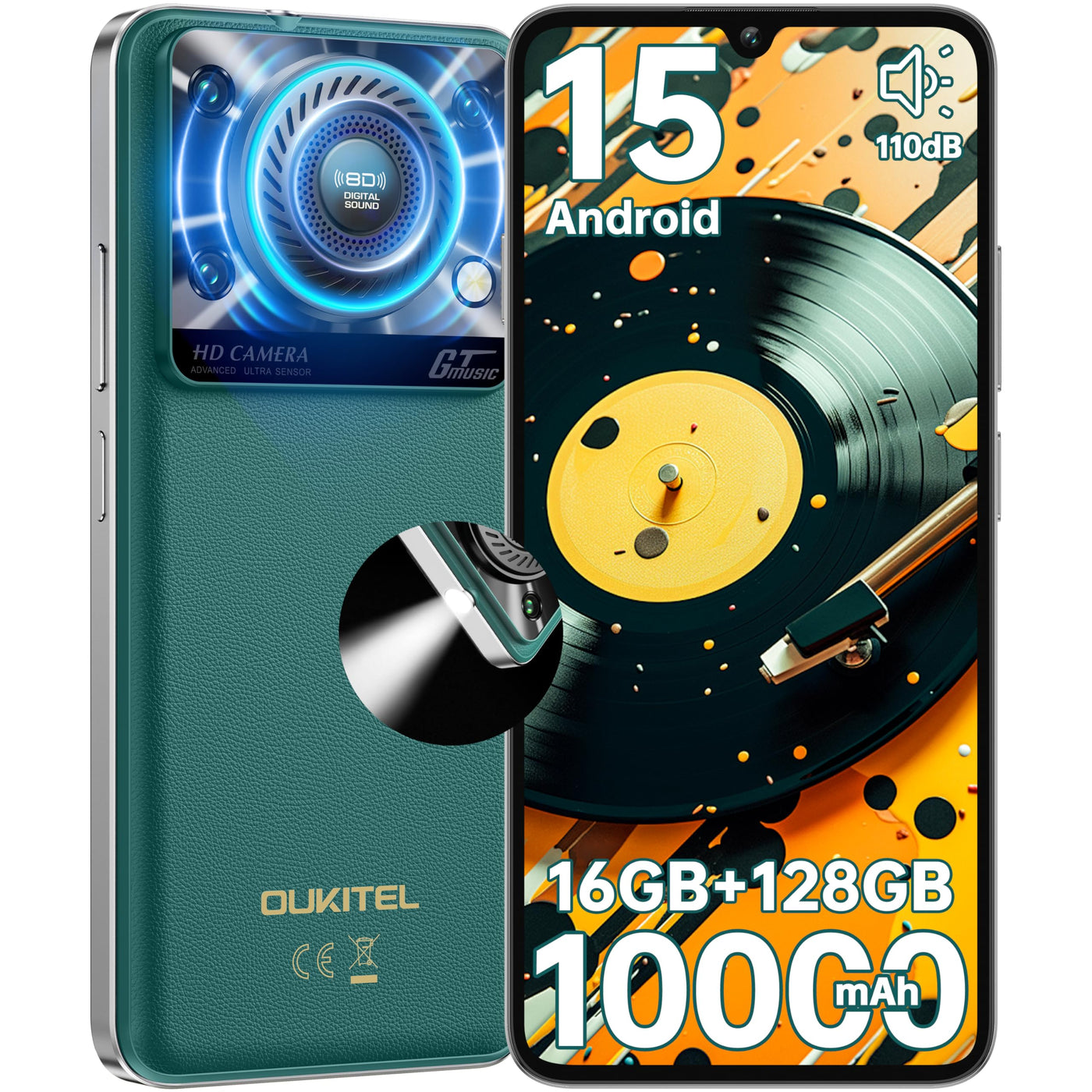 OUKITEL C60 Smartphone Ohne Vertrag - Android 15 10000mAh 16GB+128GB Handy Ohne Vertrag 6.88 Zoll 90Hz Bildschirm 13MP+5MP Kamera,120LM Taschenlampe,Lautsprecher,GPS,Dual SIM Simlockfreie Handys,Grün
