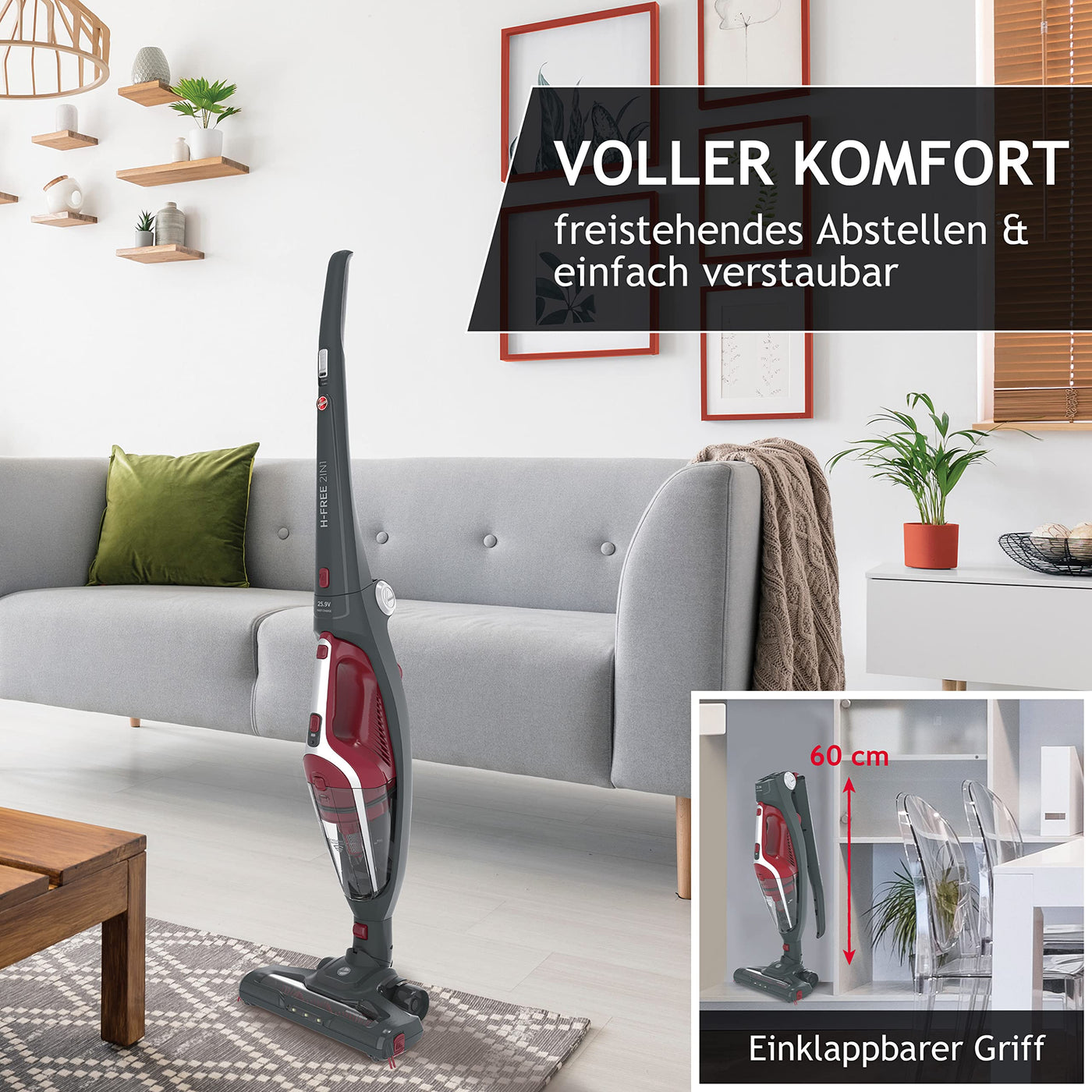 Hoover Akku-Staubsauger ohne Beutel I Akkusauger + Handstaubsauger in Einem mit 45 Min. Laufzeit I Staubsauger kabellos mit LED Licht, Parkfunktion, Klappgriff, Fugendüse & Staubbürste [HF21F25]