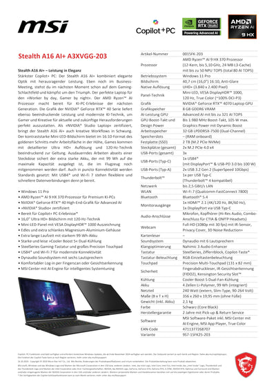 MSI Stealth A16 AI+, Gaming Laptop, Copilot+ PC, 16,0" UHD+, AMD Ryzen AI 9 HX 370 Prozessor, 32 GB LPDDR5X-7500 RAM, 2 TB, NVIDIA GeForce RTX 4070, Windows 11 Pro, QWERTZ Tastatur, A3XVGG-203