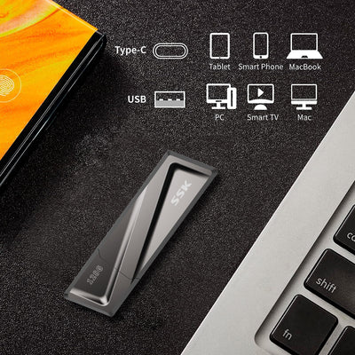 SSK USB3.2 SSD Stick 128GB, High Speed bis zu 550MB/s Extreme Schneller + Adapter Externe Tragbare SSD USB3.2 Gen 2 Speicherstick für Typ-C-Android-Telefone, Laptop, Tablet, Mac