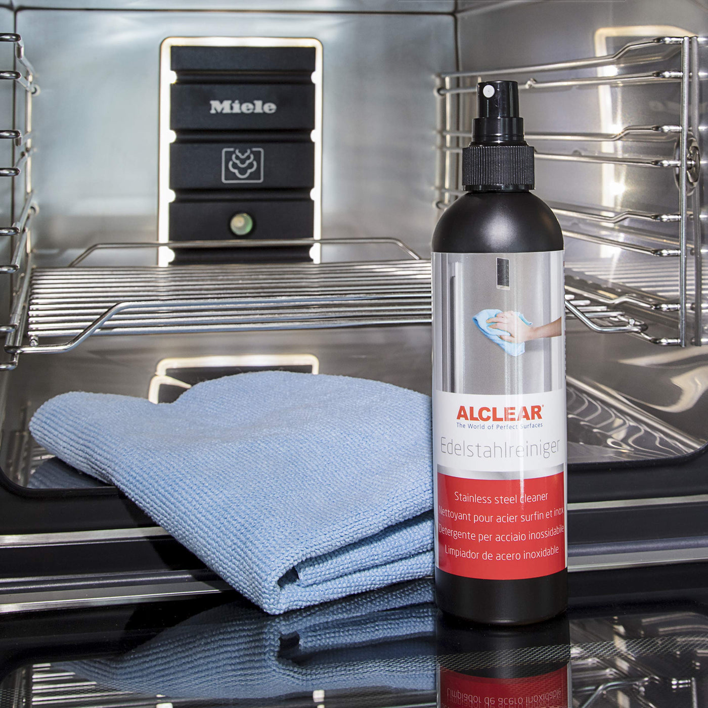 ALCLEAR 721ER Profi Edelstahlreiniger 250 ml mit Profi Mikrofasertuch, reinigt Edelstahl streifenfrei, gegen Schmutz, Fingerabdrücke und Fett