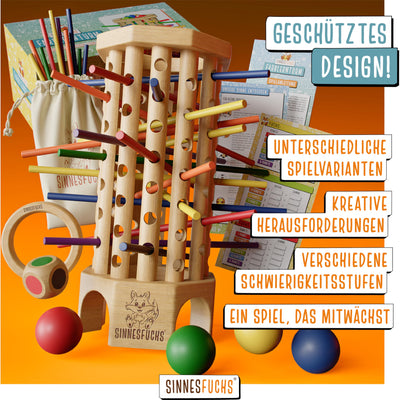 SINNESFUCHS® Farblernturm - Montessori Spielzeug ab 3 Jahre - Holzspielzeug pädagogisch wertvoll - Lernspiele ab 3 Jahre - Stäbchenspiel aus Holz -Kinderspiele ab 4 Jahre - Kinder Farben Spiel