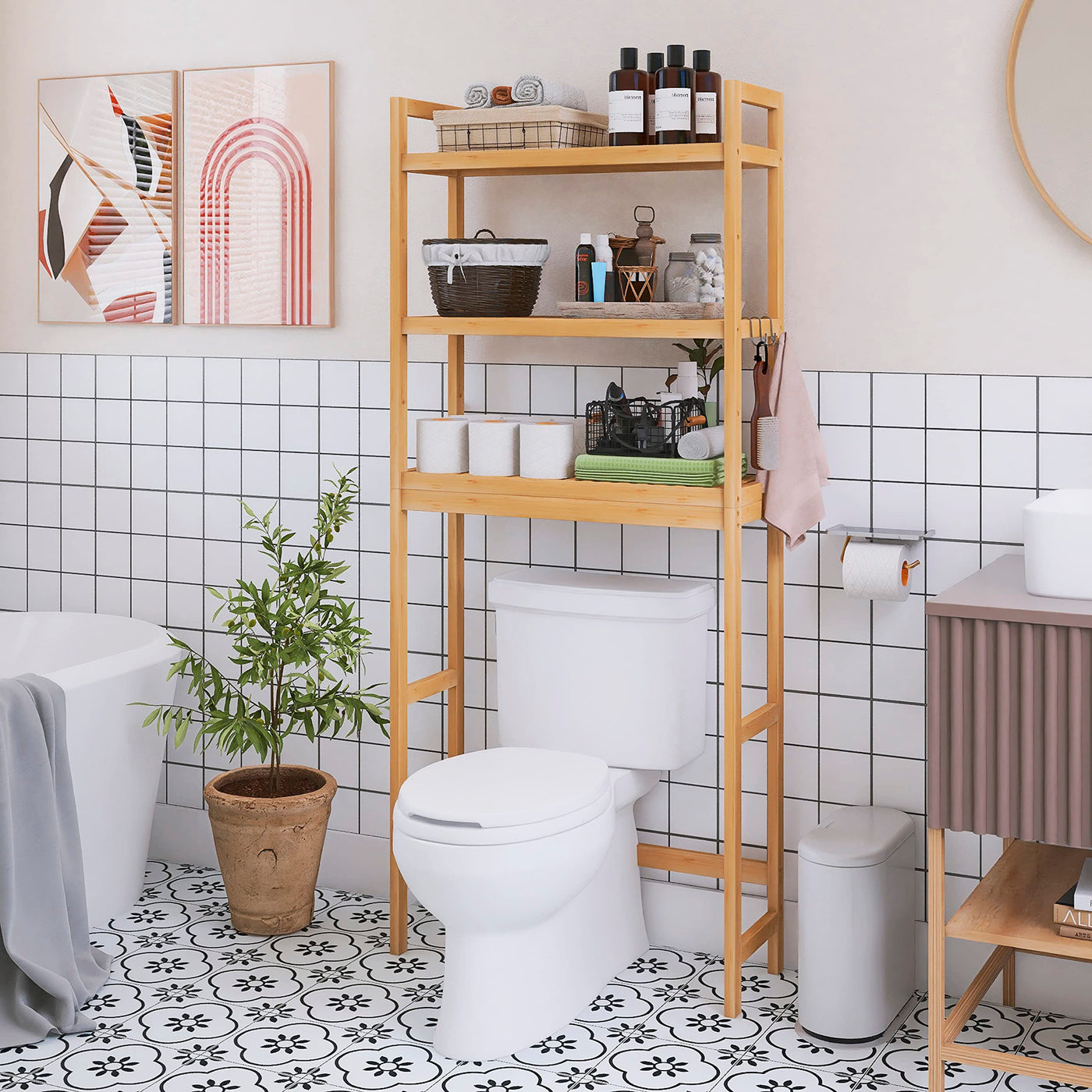 SMIBUY Toilettenregal, WC Regal aus Bambus, 3-stöckiges Verstellbar Waschmaschinenregal, Badezimmerregal, platzsparend, einfache Montage, Natur