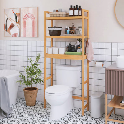 SMIBUY Toilettenregal, WC Regal aus Bambus, 3-stöckiges Verstellbar Waschmaschinenregal, Badezimmerregal, platzsparend, einfache Montage, Natur