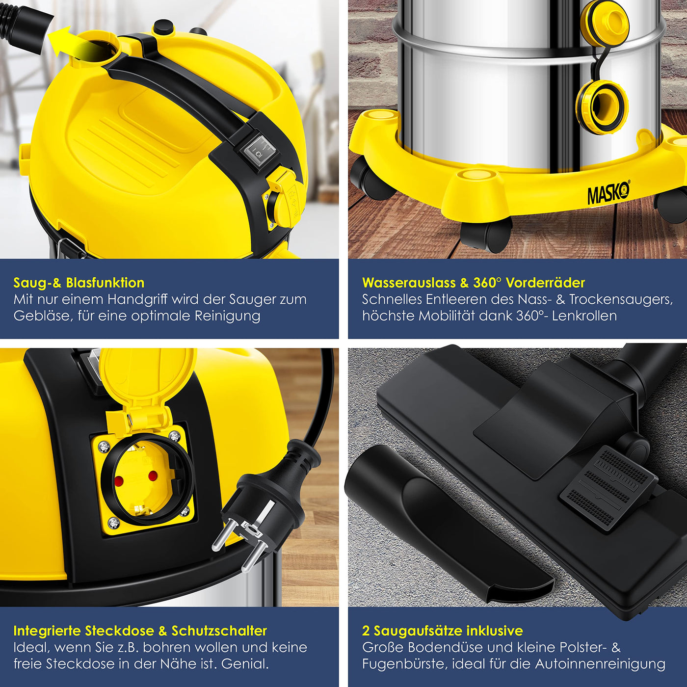 MASKO® Industriestaubsauger Staubsauger Nass Trocken Sauger Edelstahl 2300W + Steckdose | Blasfunktion | Trocken-Saugen & Nass-Saugen | Push&Clean | Industrie-Sauger mit & ohne Beutel | beutellos