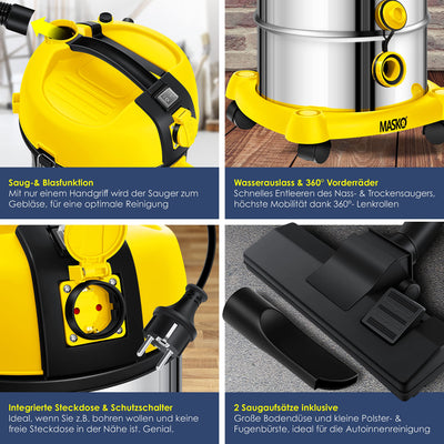 MASKO® Industriestaubsauger Staubsauger Nass Trocken Sauger Edelstahl 2300W + Steckdose | Blasfunktion | Trocken-Saugen & Nass-Saugen | Push&Clean | Industrie-Sauger mit & ohne Beutel | beutellos