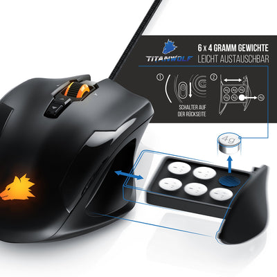 Titanwolf - Gaming Optical Mouse mit 12 programmierbare Tasten - Maus mit 10800 DPI Abtastrate - High Precision Polling-Rate bis 1000Hz - MMO Gaming Specialist Modell