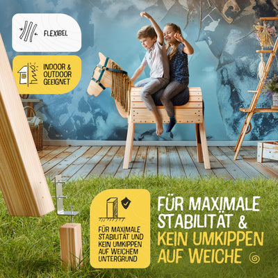 FRIEDO - Holzpferd mit Sattel (Sitzkissen) & Pferdegeschirr - Höhenverstellbares Spielpferd (101cm - 106cm) - Holzpferd für draußen im Garten geeignet - Perfekt für Kinder aus unbehandeltem Naturholz