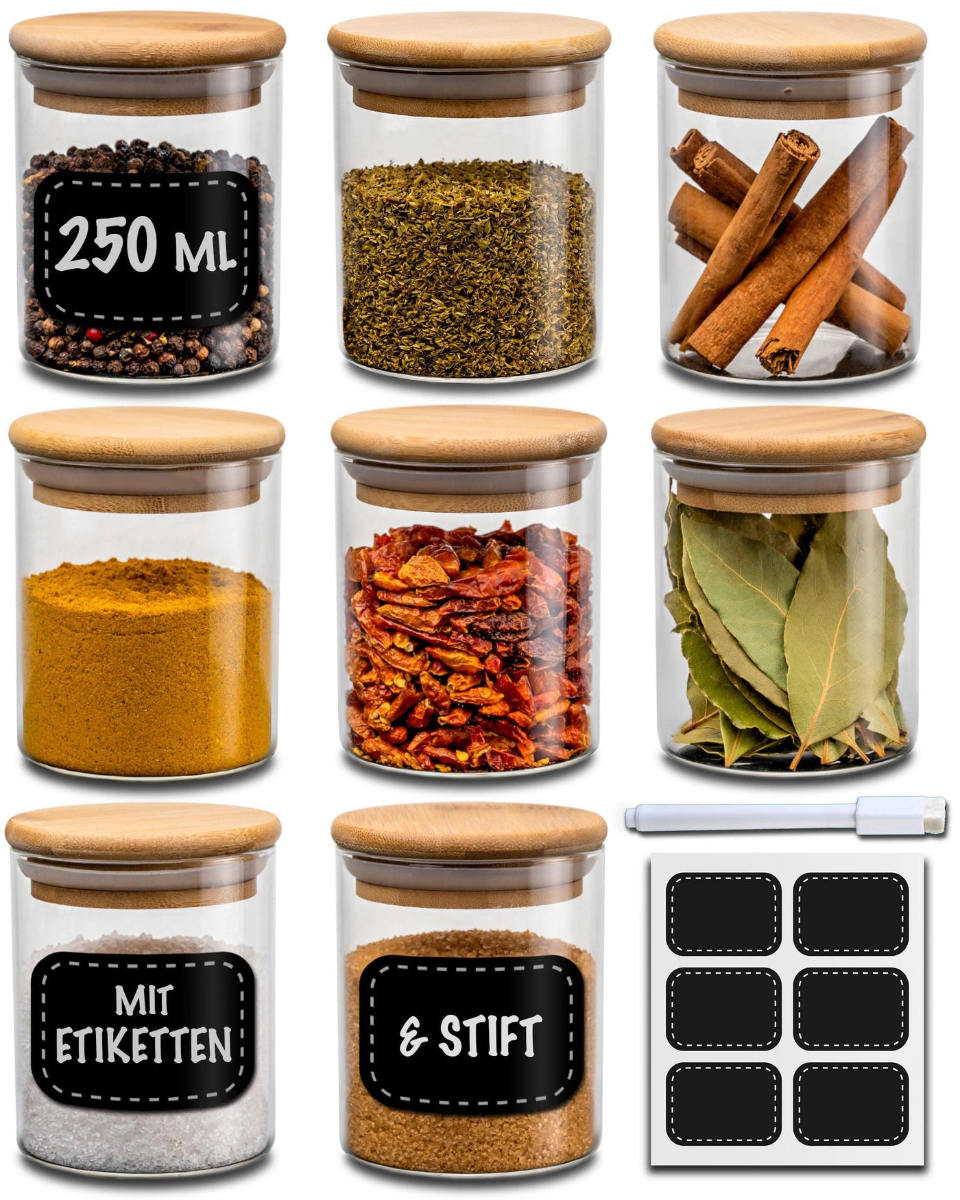 Praknu Gewürzgläser Groß- 8er Set 250ml - mit Etiketten zum Beschriften - Luftdicht - Spülmaschinenfest - Küchenorganisation - für Gewürze, Kräuter & Tee (8x 250ml)