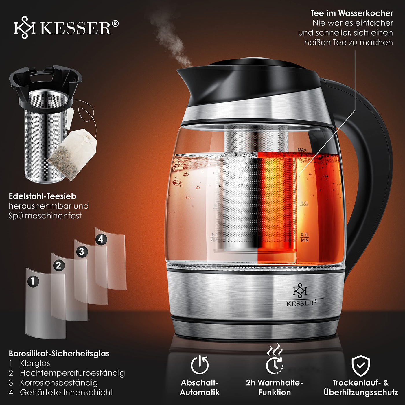 KESSER® Wasserkocher 1,8L Edelstahl mit LED Beleuchtung-Farbe je nach Temperaturwahl 60, 70, 80, 90, 100 °C | Glaswasserkocher ink. Teesieb-Einsatz und Kalk-Filter | Warmhaltefunktion