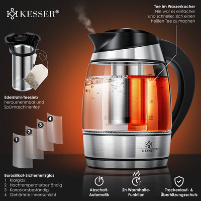 KESSER® Wasserkocher 1,8L Edelstahl mit LED Beleuchtung-Farbe je nach Temperaturwahl 60, 70, 80, 90, 100 °C | Glaswasserkocher ink. Teesieb-Einsatz und Kalk-Filter | Warmhaltefunktion
