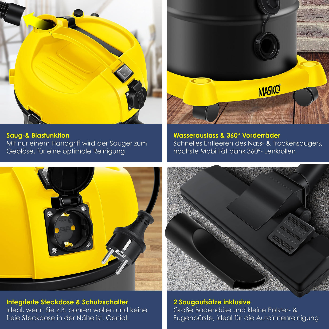 MASKO® 6IN1 Industriestaubsauger Staubsauger Nass Trocken Sauge Aschesauger 2300W + Steckdose✓ Blasfunktion ✓ Trocken-Saugen & Nass-Saugen | Industrie-Sauger mit & ohne Beutel | beutellos, Gelb