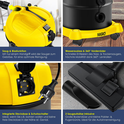 MASKO® 6IN1 Industriestaubsauger Staubsauger Nass Trocken Sauge Aschesauger 2300W + Steckdose✓ Blasfunktion ✓ Trocken-Saugen & Nass-Saugen | Industrie-Sauger mit & ohne Beutel | beutellos, Gelb