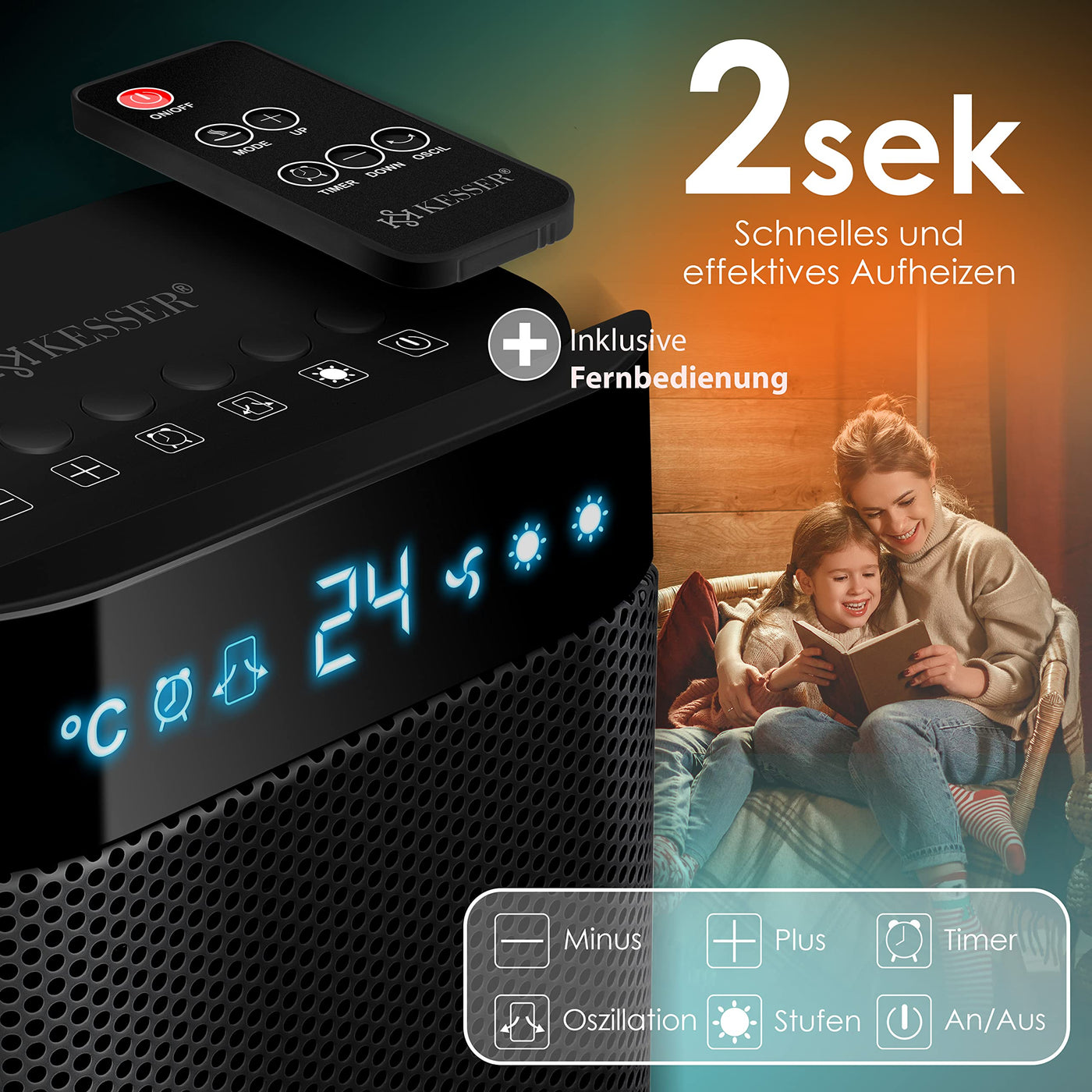 KESSER® - Heizlüfter mit Fernbedienung - 2000W Keramik Heizlüfter Heiztower 10-35°C energiesparend leise - Schnellheizer mit Oszillationsfunktion - 2 x Heizstufen - Timer - Heizung Heater