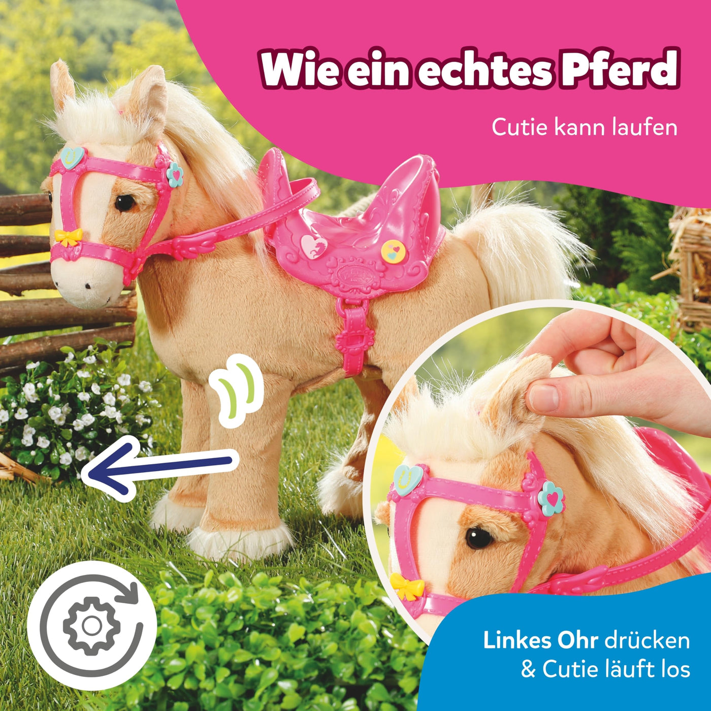 BABY born, Puppenpferd, BABY born My Cute Horse, interaktives Pferd mit Lauf- und Soundfunktion, Plüsch, rosa Sattel und Zaumzeug sowie Pins zum Dekorieren, 840627 Zapf Creation
