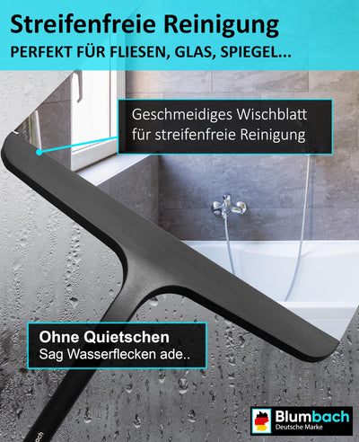 BLUMBACH® Duschabzieher schwarz, Abzieher Dusche mit Halterung 28 cm breit, Fensterabzieher Silikon mit Edelstahl Kern, Dusch Abzieher Wischer, Duschwand Abzieher, Flitsche Dusche, Glasabzieher,