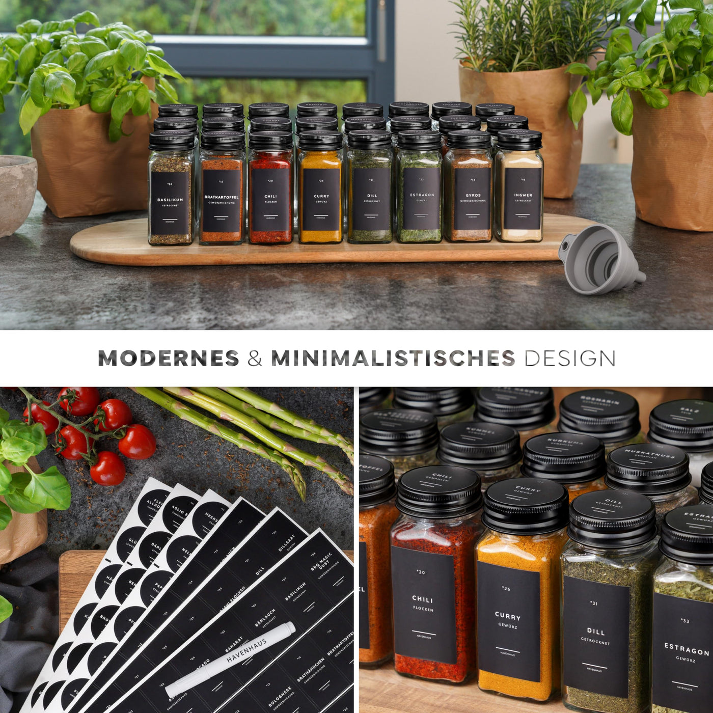 Havenhaus Premium Gewürzgläser Set schwarz | 24 Gewürz Organizer inkl. 336 deutschen Gewürzetiketten | Gewürzgläser eckig mit Streuaufsätzen lebensmittelecht | Gewürzstreuer & Gewürzbehälter modern