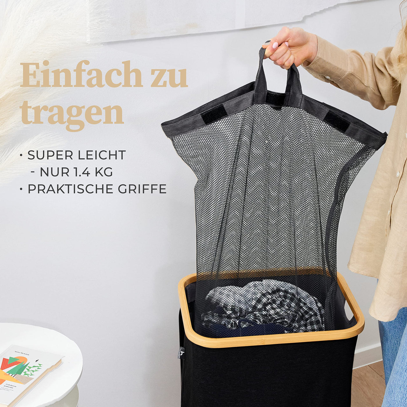 HENNEZ Wäschekorb mit Deckel – Wäschekorb mit Griff aus Bambus – Wäschekorb, faltbar, 100 l – Wäschekorb für Waschküche, Wäschekorb, Schwarz