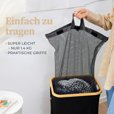 HENNEZ Wäschekorb mit Deckel – Wäschekorb mit Griff aus Bambus – Wäschekorb, faltbar, 100 l – Wäschekorb für Waschküche, Wäschekorb, Schwarz