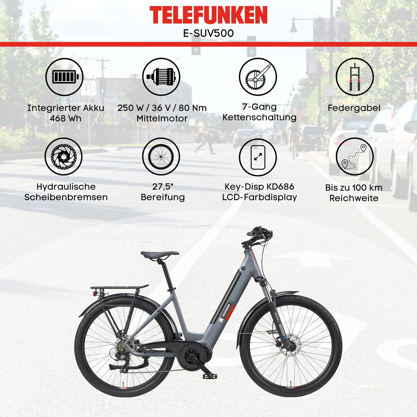 TELEFUNKEN SUV E-Bike 27,5 Zoll für Damen & Herren | Pedelec mit Mittelmotor & 468Wh Akku | Elektrofahrrad mit 7-Gang Kettenschaltung & Hydr. Scheibenbremsen, StVZO-konform | SUV500