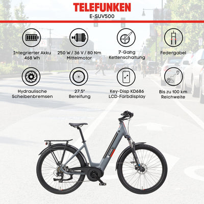 TELEFUNKEN SUV E-Bike 27,5 Zoll für Damen & Herren | Pedelec mit Mittelmotor & 468Wh Akku | Elektrofahrrad mit 7-Gang Kettenschaltung & Hydr. Scheibenbremsen, StVZO-konform | SUV500