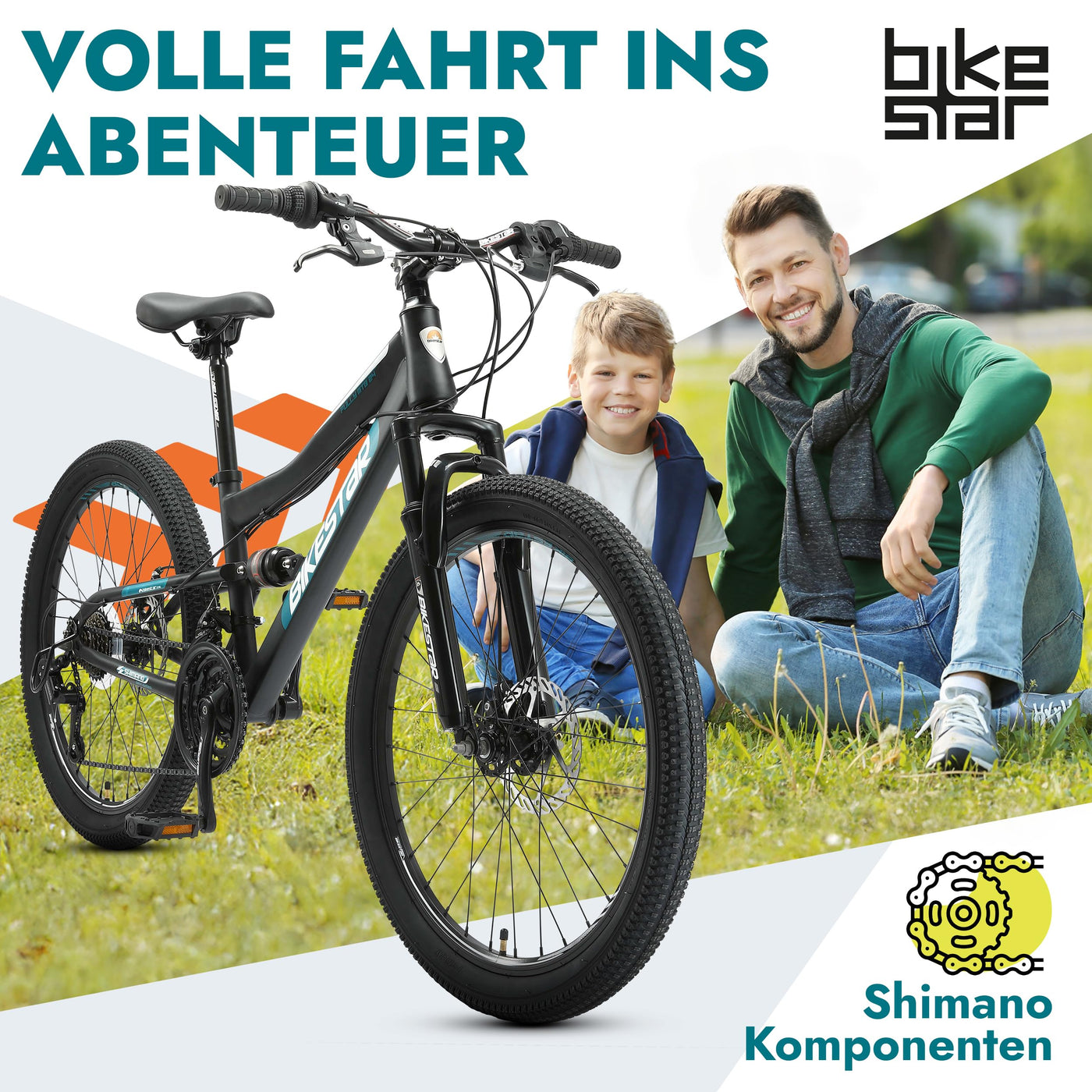 BIKESTAR Kinder Fahrrad Fully Mountainbike 21 Gang Shimano, Scheibenbremse ab 8 Jahre | 24 Zoll Kinderrad MTB | Schwarz