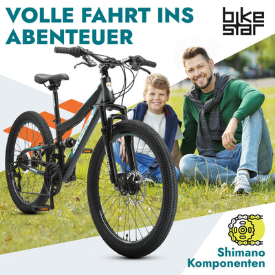 BIKESTAR Kinder Fahrrad Fully Mountainbike 21 Gang Shimano, Scheibenbremse ab 8 Jahre | 24 Zoll Kinderrad MTB | Schwarz