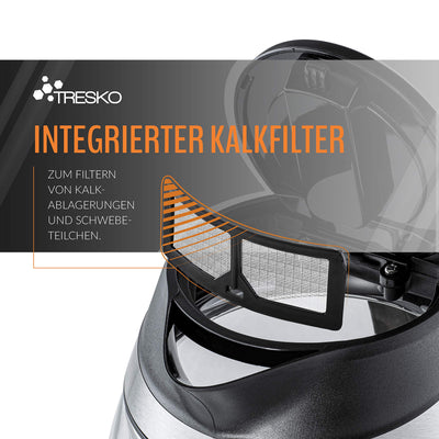 TRESKO Glas Wasserkocher 1,8L Edelstahl 2200W | Teekocher mit Teesieb und Kalkfilter | 100% BPA FREI | LED Innenbeleuchtung und Temperatureinstellung | Warmhaltefunktion