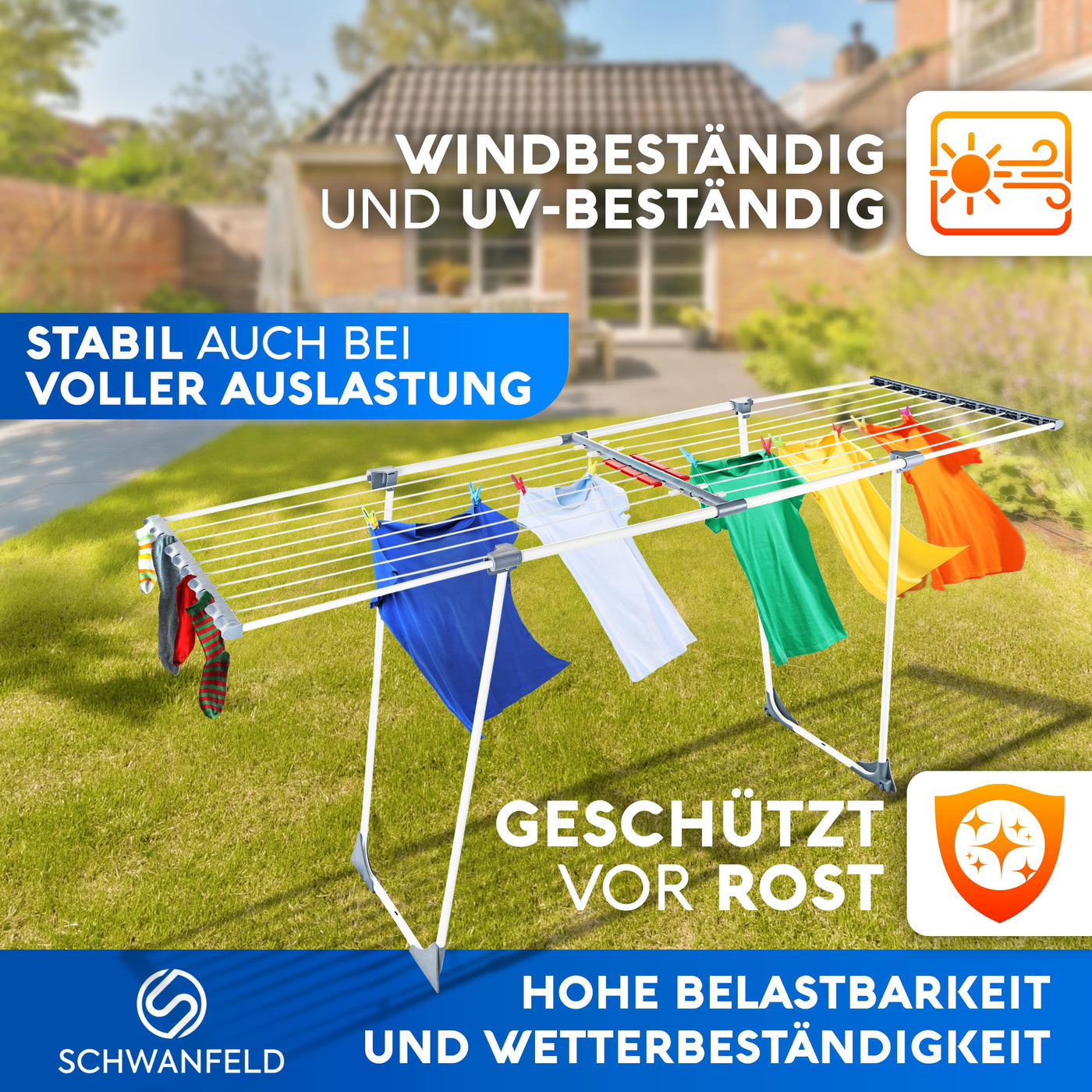 SCHWANFELD® Wäscheständer ausziehbar [20M TROCKENLÄNGE] - Wäscheständer hoch - Premium Wäschetrockner Ständer - Faltbarer Wäscheständer XXL - ausziehbarer Wäscheständer - Standtrockner rutschfest