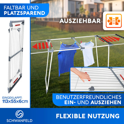 SCHWANFELD® Wäscheständer ausziehbar [20M TROCKENLÄNGE] - Wäscheständer hoch - Premium Wäschetrockner Ständer - Faltbarer Wäscheständer XXL - ausziehbarer Wäscheständer - Standtrockner rutschfest