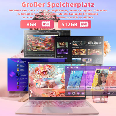 Fsjun 14 Zoll Laptop Roségold, FHD Display, 4 Kern Prozessor Celeron J4105, 8GB DDR4 RAM, 512GB SSD, Webcam, WiFi, USB 3.0 x2, Mini-HDMI, Ultra-dünn, Notebook für Anfänger, DE Tastaturschutz