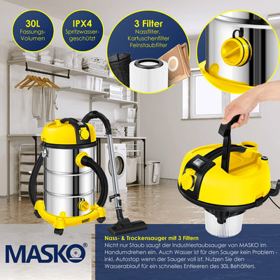 MASKO® Industriestaubsauger Staubsauger Nass Trocken Sauger Edelstahl 2300W + Steckdose | Blasfunktion | Trocken-Saugen & Nass-Saugen | Push&Clean | Industrie-Sauger mit & ohne Beutel | beutellos