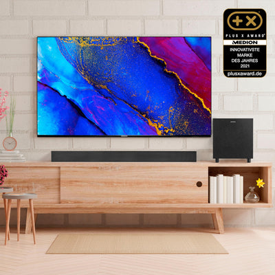 MEDION S61022 3.1 Dolby Atmos Soundbar mit kabellosen Subwoofer (für TV Geräte, Bluetooth 5.3, HDMI eARC CEC, optischer Eingang, AUX, 3 x 20 W + 60 W (RMS) Subwoofer kabellos, Fernbedienung