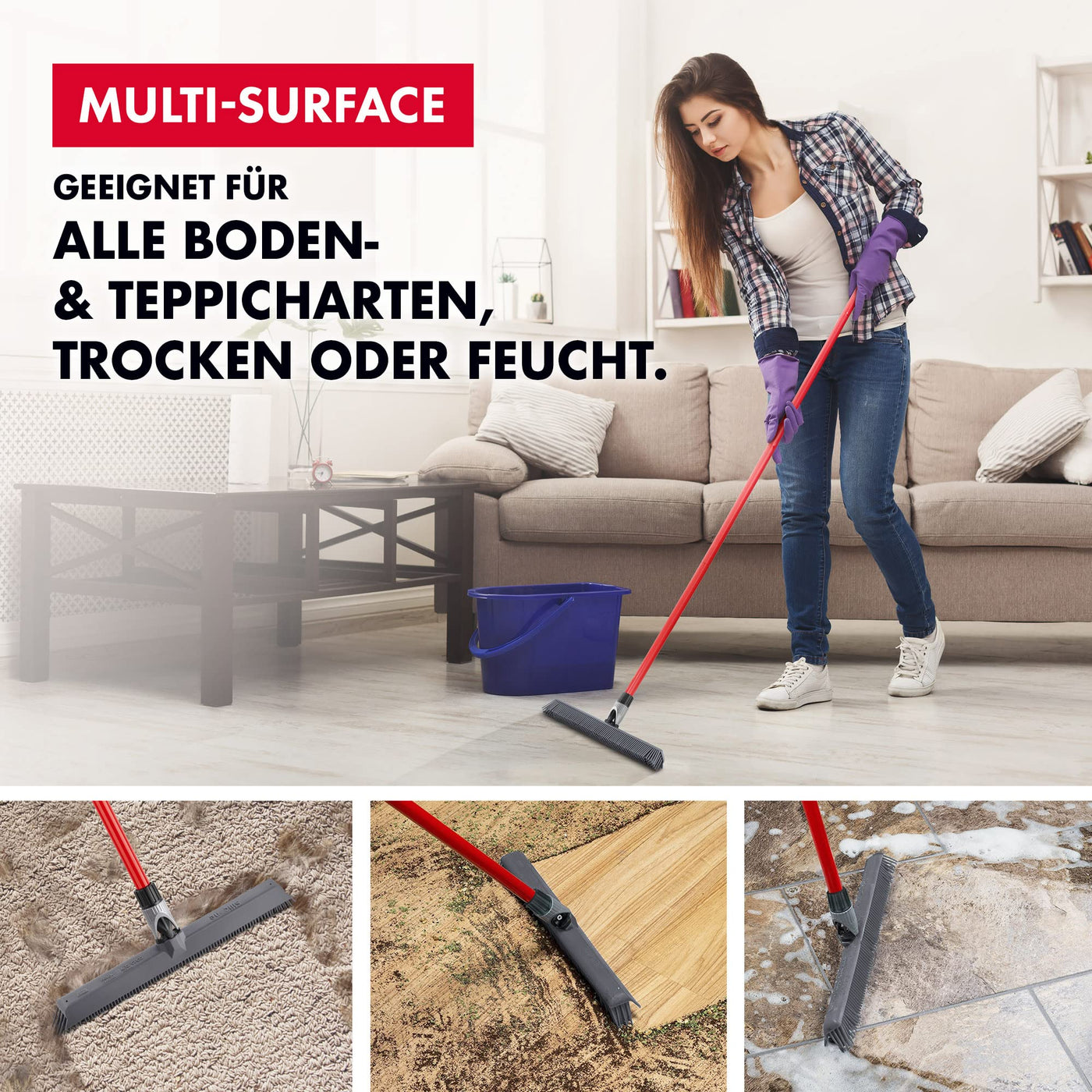 Tyroler Silikon Besen & Bodenabzieher | Kehrbesen-Kopf aus 100% Silikon 41 cm | Besen mit Stiel und 140 cm Anti-Rost-Griff | Silikonbesen mit Stiel | Gummibesen mit Stiel | Gummibesen Tierhaare