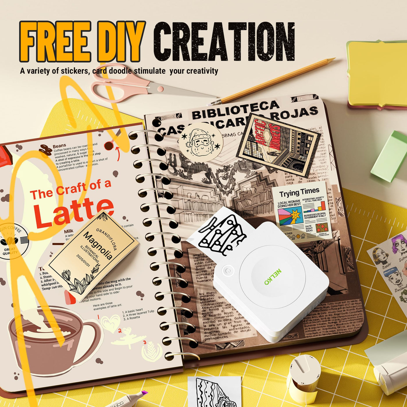 Nelko Mini Drucker PM230 Aufkleber Drucker Fotodrucker mit 3 Rollen Etiketten für Smartphone Thermodrucker Bluetooth Etikettendrucker für DIY Erstellung, Studiennotizen, (Weiß)