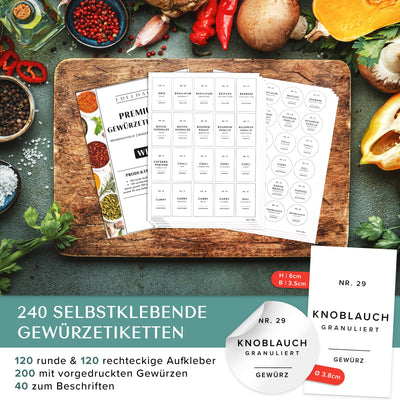 EDELHAUS Gewürzgläser Eckig Set mit Holzdeckel (24 x 120ml) Gewürzstreuer mit Streueinsatz und 240 Etiketten Weiß - Bambusdeckel Gewürzbehälter, Gewürzdosen, Gewürze organizer [10,7cm x 4,5cm]