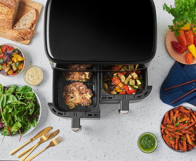 Russell Hobbs Heißluftfritteuse 2 Kammern 9L Rapid AirFryer [2 Fächer je 4,5l, sehr leiser Betrieb, 9 Programme] SatisFry Fritteuse (spülmaschinenfest, Match & Synchronisierungsfunktion) 27681-56