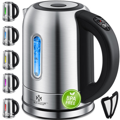 KESSER Wasserkocher 2200W Edelstahl 1,7L mit LED Beleuchtung-Farbe je nach Temperaturwahl 60, 70, 80, 90, 100 °C | Kalk-Filter | 2 Std Warmhaltefunktion