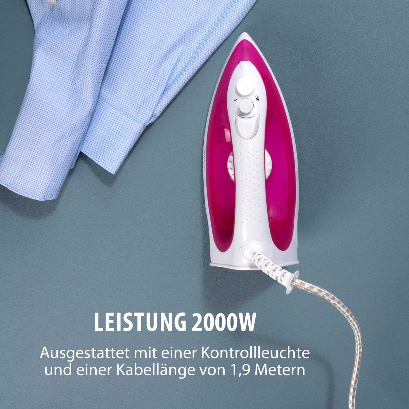 alpina Dampfbügeleisen - Dampfglätter 2000W - Bügeleisen mit Dampf- und Wassersprühfunktion - Einstellbare Temperatur und Wassertank 120ml - Edelstahlsohle - Rosa/Weiß