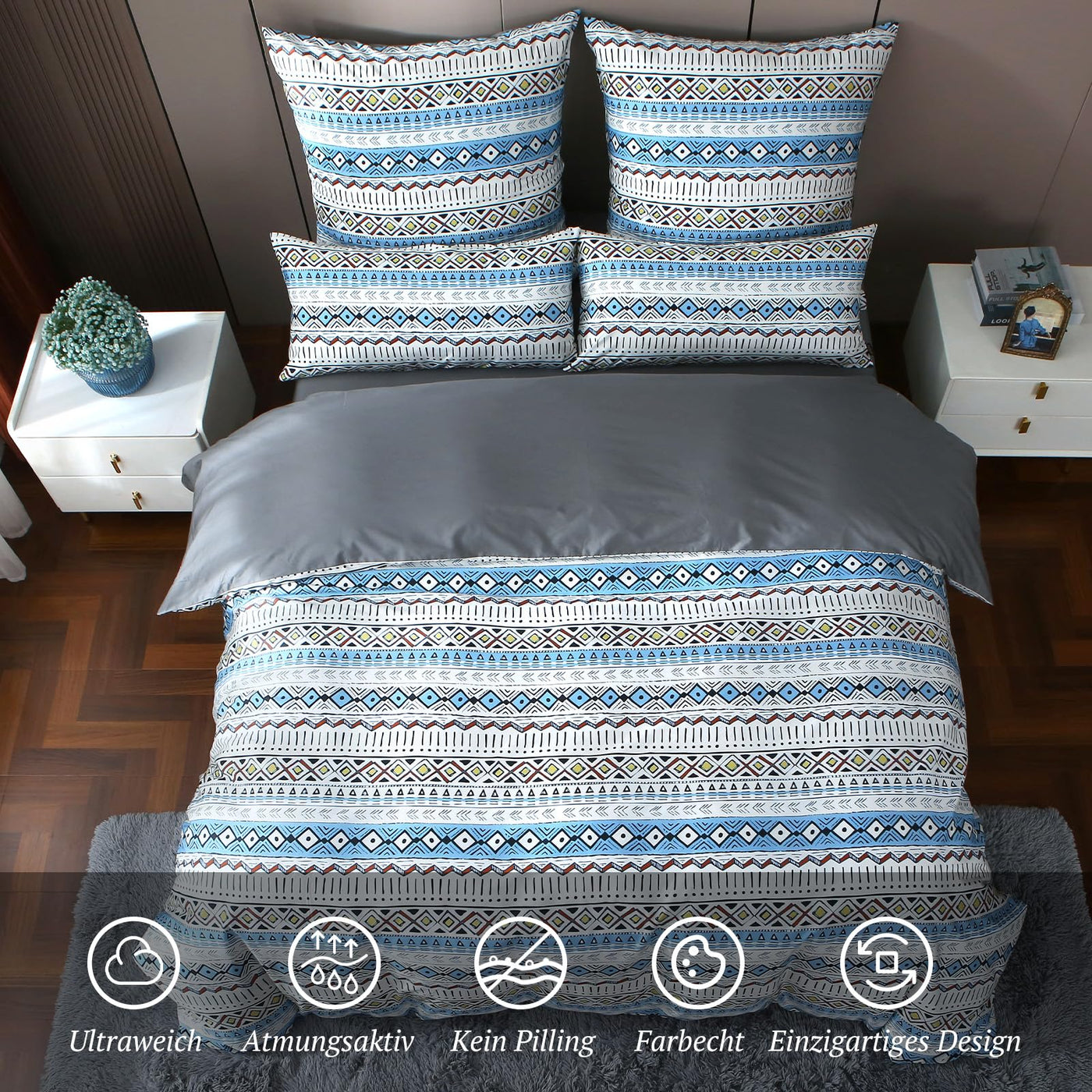 MILDLY Satin Bettwäsche 135x200 Baumwolle, Boho Bettwäsche-Sets mit Reißverschluss öKotex Zertifiziert Enthält 1 Bettbezug 135x200 und 1 Kissenbezüge 80x80, Boho