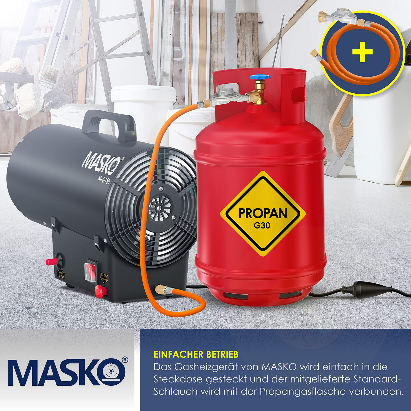 Masko® Gasheizgebläse Gasheizer Heizkanone Gasheizstrahler 15 KW Bauheizer Gas Heizgerät heizstrahler Heißluftgenerator inkl. Gasschlauch & Druckminderer Heizgebläse für handelsübliche Gasflaschen