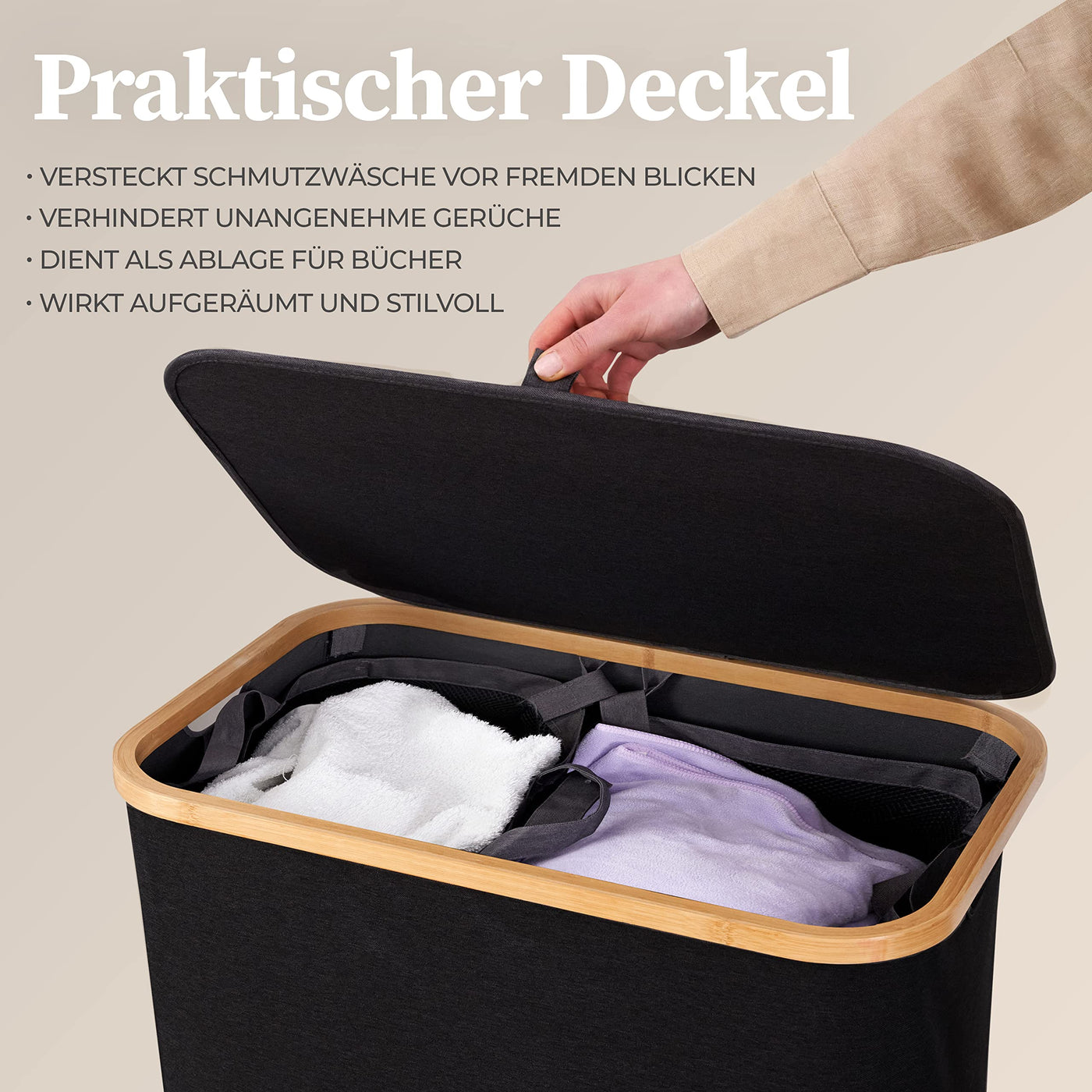 HENNEZ Wäschekorb mit Deckel 2 Fächer Wäschekorb schmal schwarz 141L Wäschesack - Wäschesortierer Anthrazit Wäschebox Wäschetonne schwarzer Wäschesammler mit Deckel Wäschetruhe dunkle Wäschekörbe
