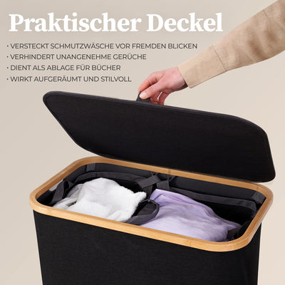 HENNEZ Wäschekorb mit Deckel 2 Fächer Wäschekorb schmal schwarz 141L Wäschesack - Wäschesortierer Anthrazit Wäschebox Wäschetonne schwarzer Wäschesammler mit Deckel Wäschetruhe dunkle Wäschekörbe